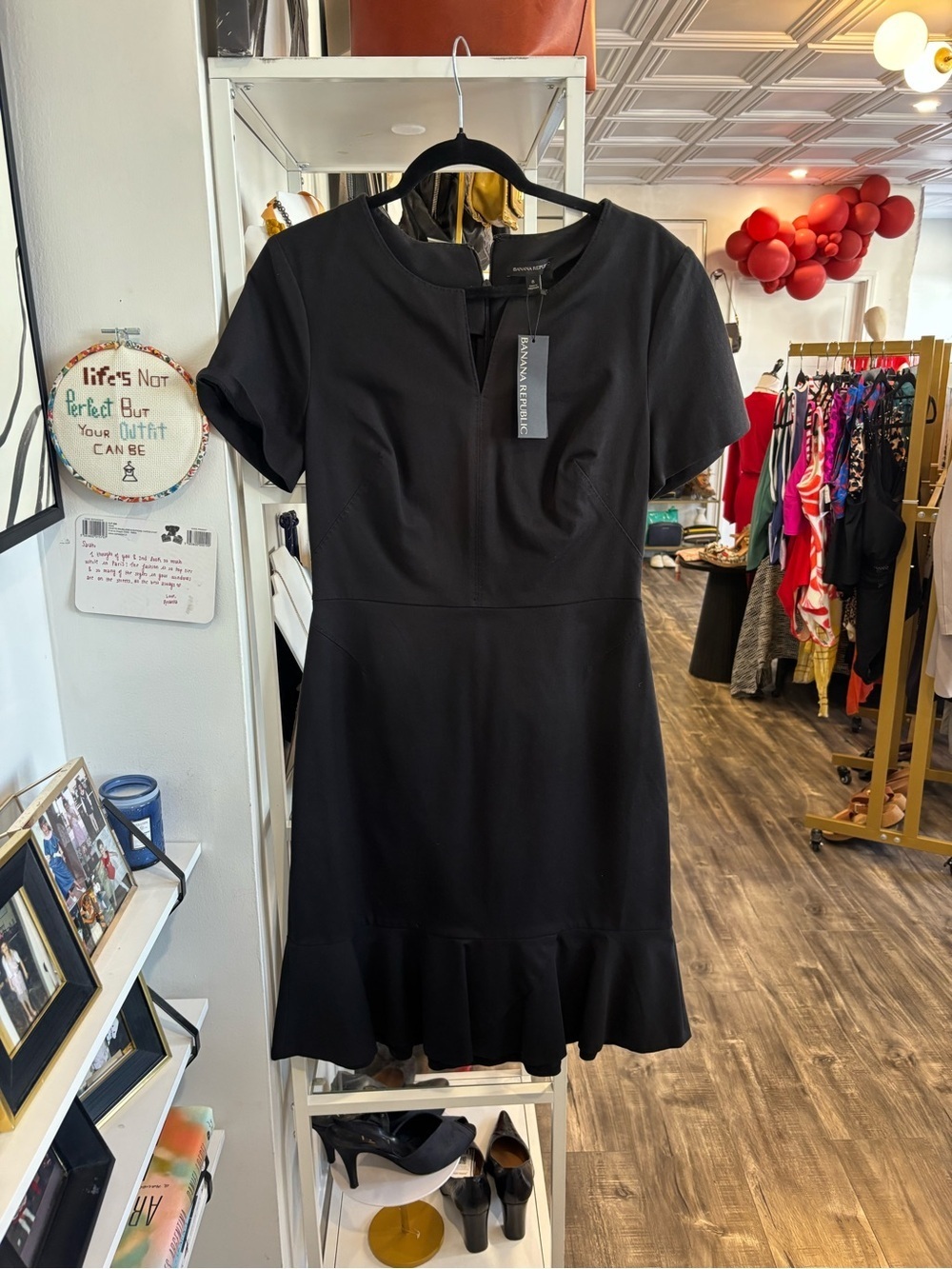 Banana Republic Black Short Sleeve A-Line Dress with Ruffle Hem